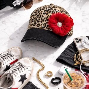 Hand Decorated Leopard Print Hat | Red Floral Statement Cap OOA